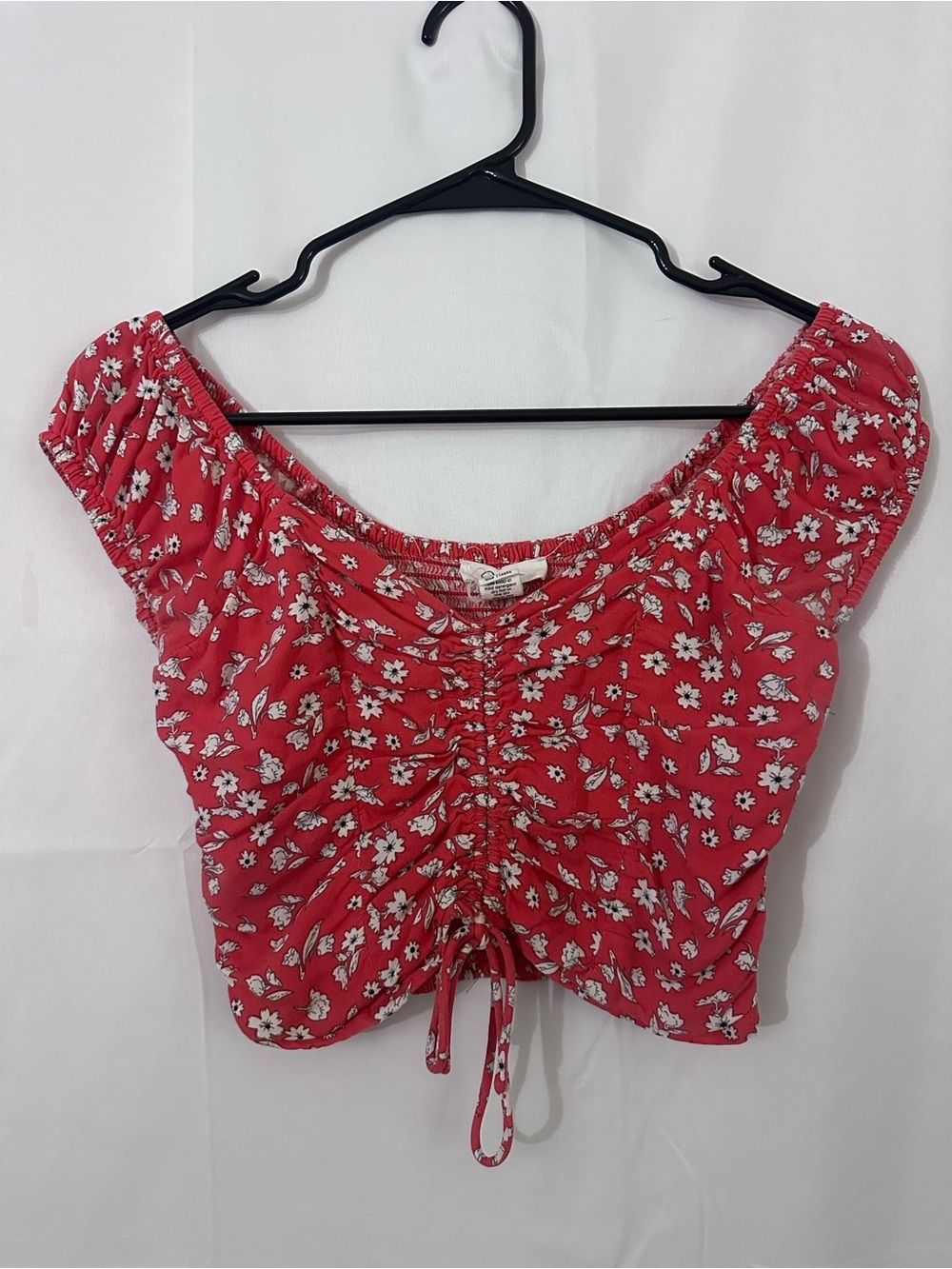 Japna Red Floral Drawstring Ruched Crop Top - Picture 2 of 4